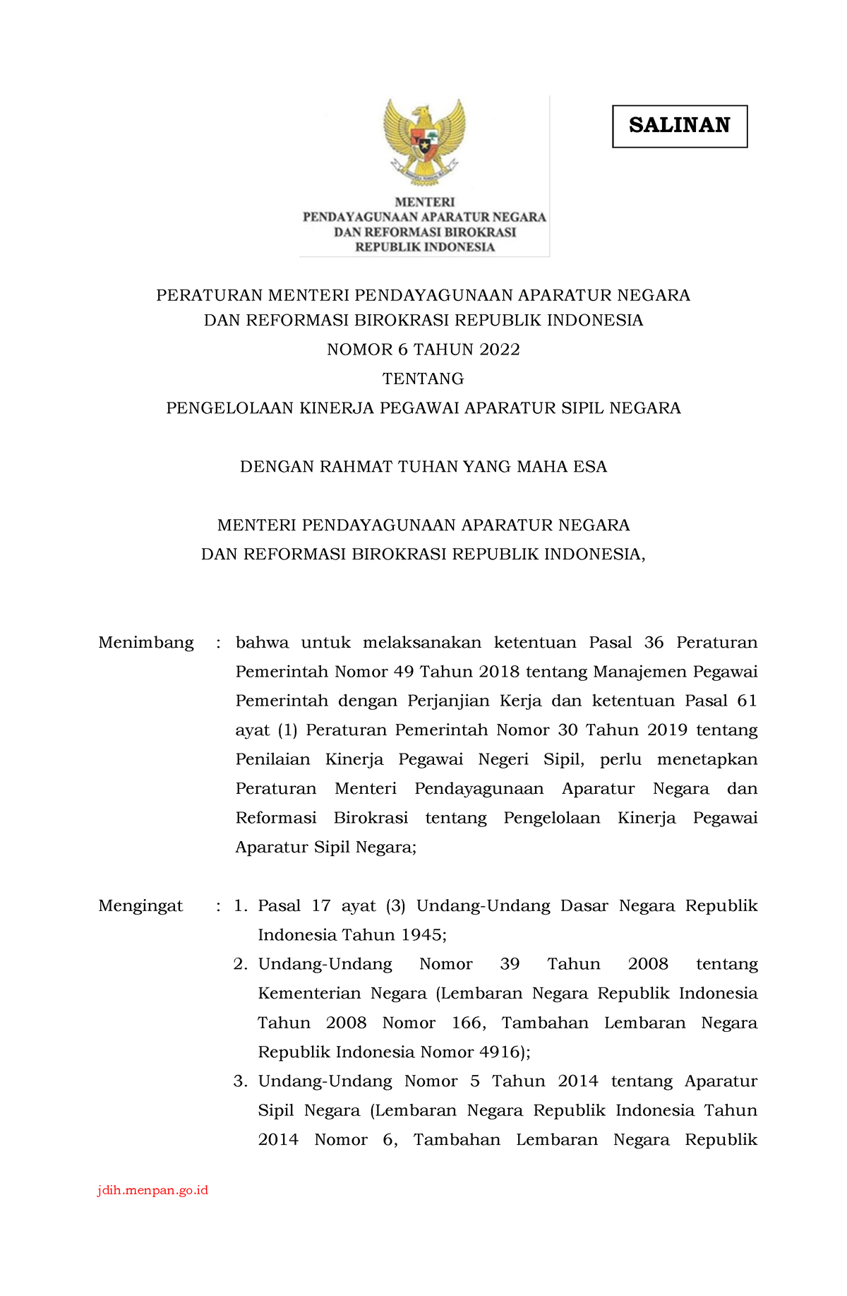 Permen Panrb No. 6 Tahun 2022 (1) - PERATURAN MENTERI PENDAYAGUNAAN ...