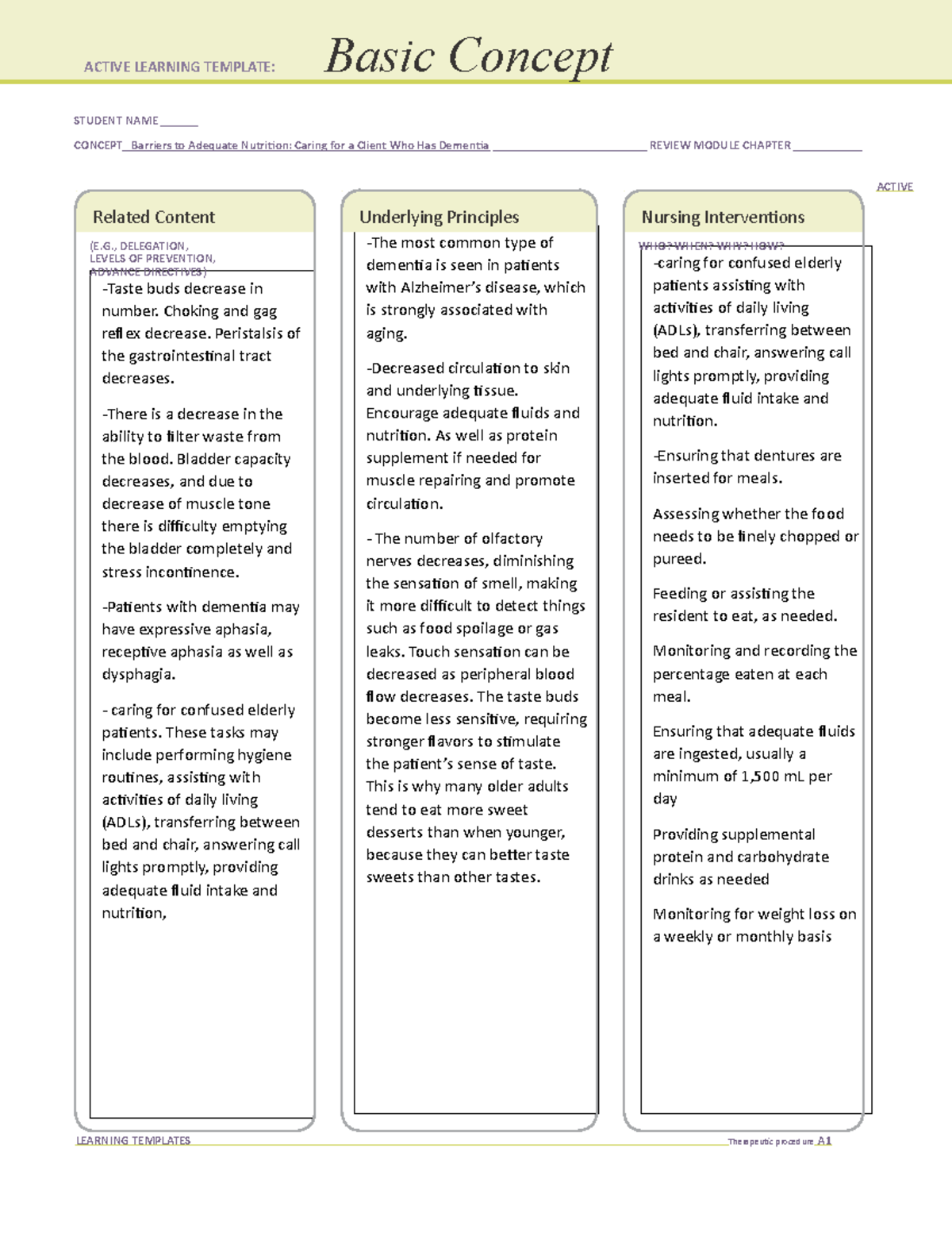 Active Learning Template Basic Concept Dementia STUDENT NAME CONCEPT Barriers To 