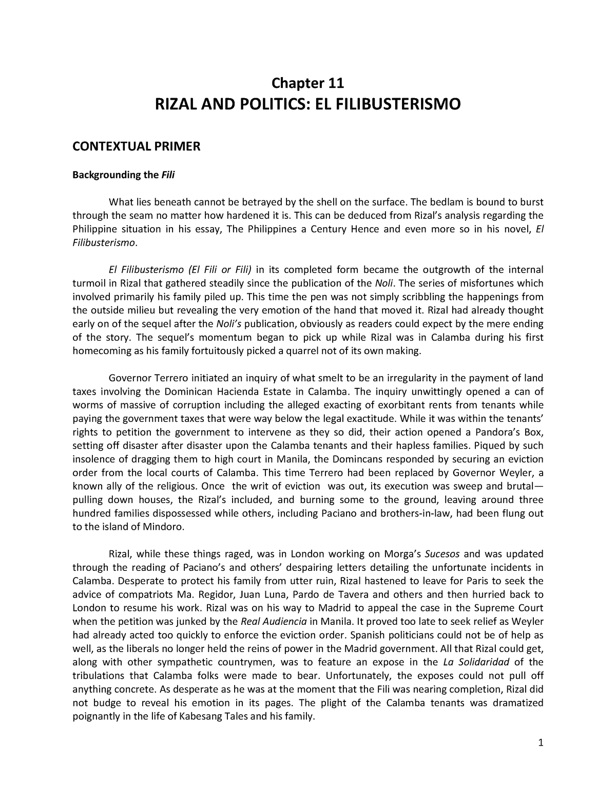 Chapter 11 Rizal And Politics - Fili-converted - Chapter 11 RIZAL AND ...