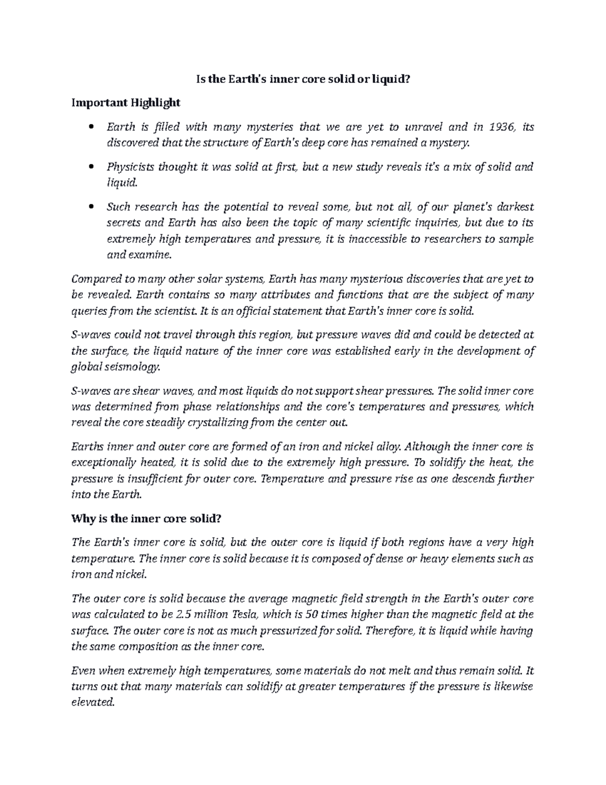 Is the Earth's inner core solid or liquid Is the Earth's inner core