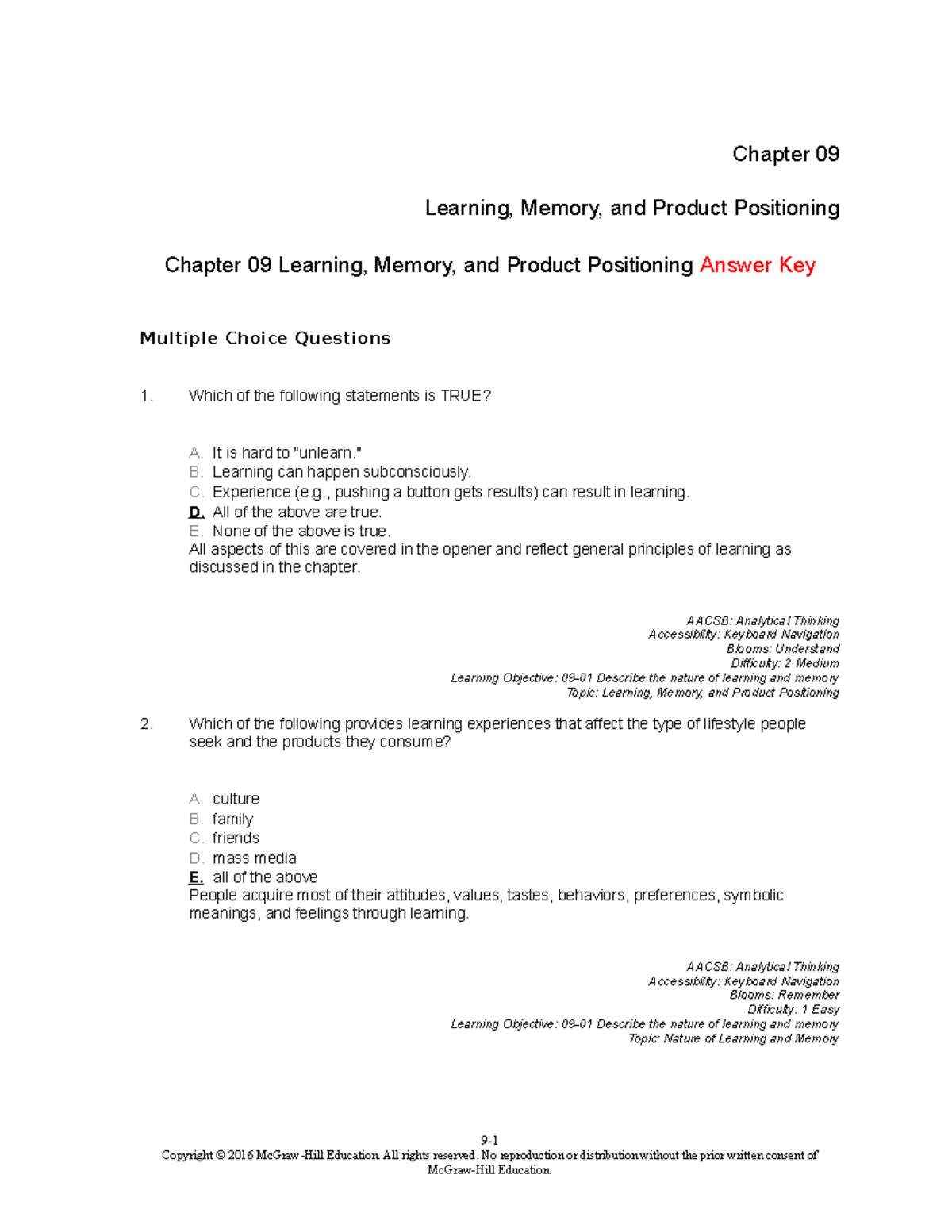 TBChap 009 - Chapter 09 Learning, Memory, and Product Positioning ...