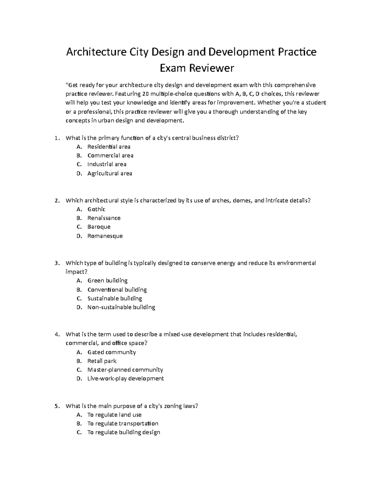 Architecture City Design and Development Practice Exam Reviewer ...
