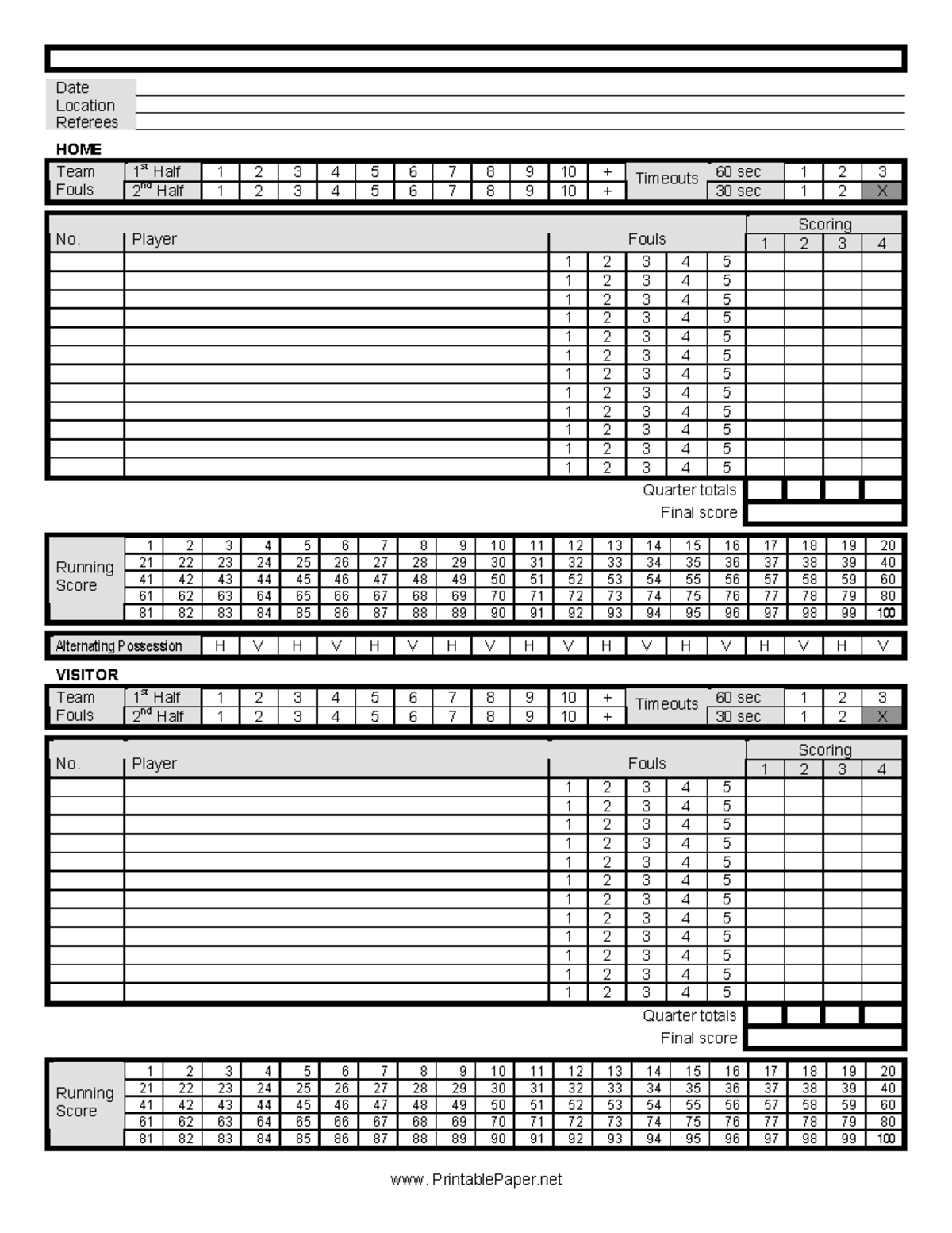 Basketball Scoresheet http//www. PrintablePaper Date Location