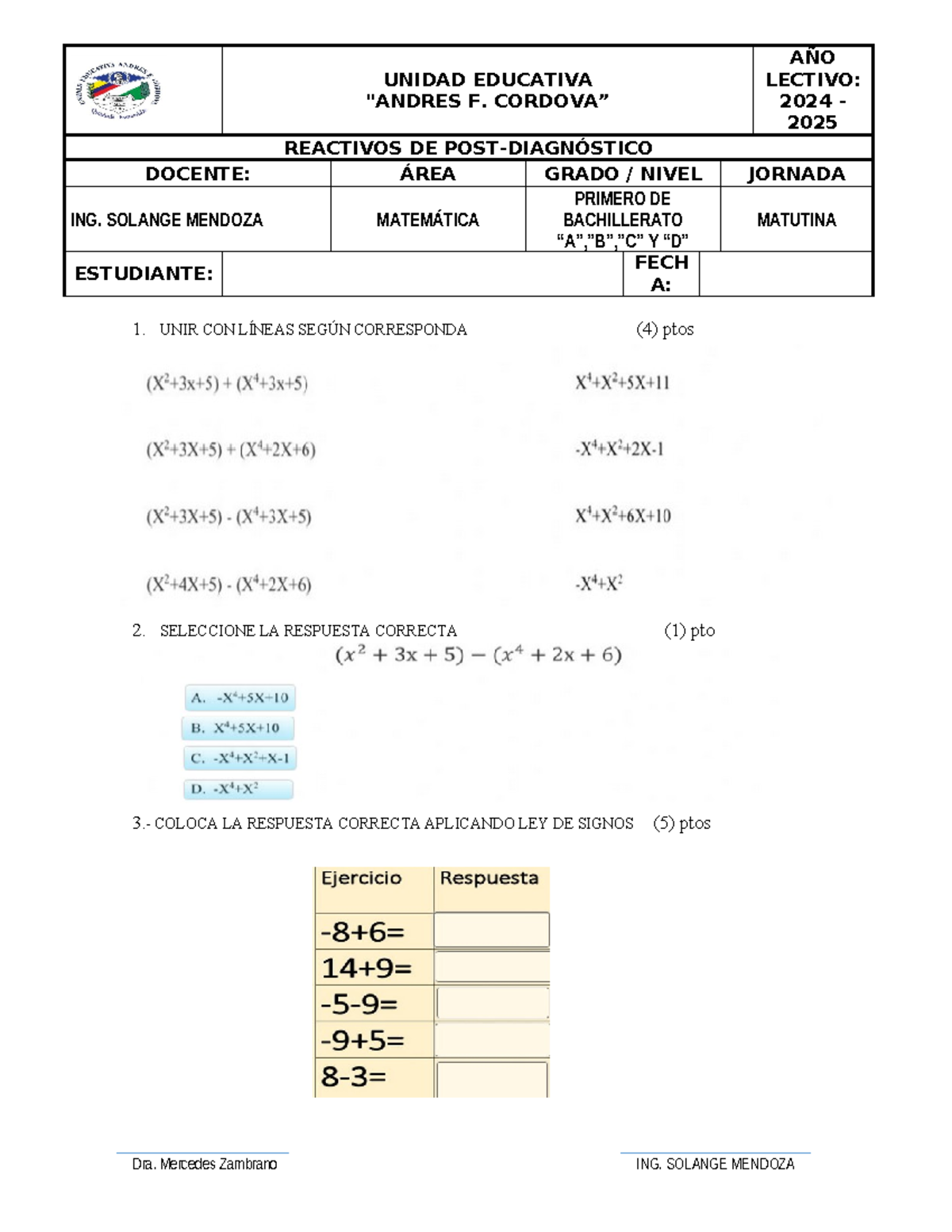 Matematica 1ERO Bachillerato - UNIDAD EDUCATIVA 