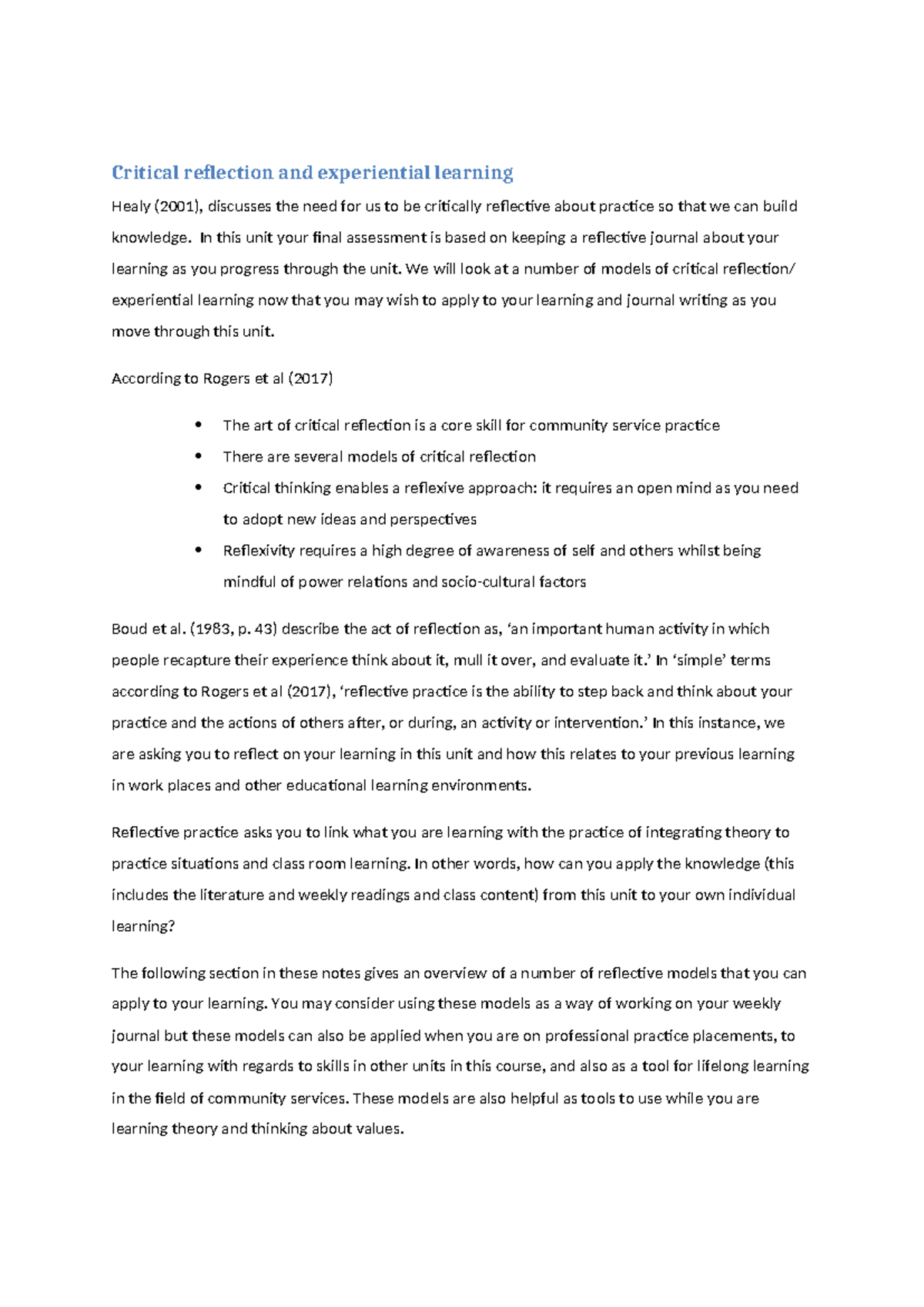 Week 1 Critical reflection and experiential learning - Critical ...