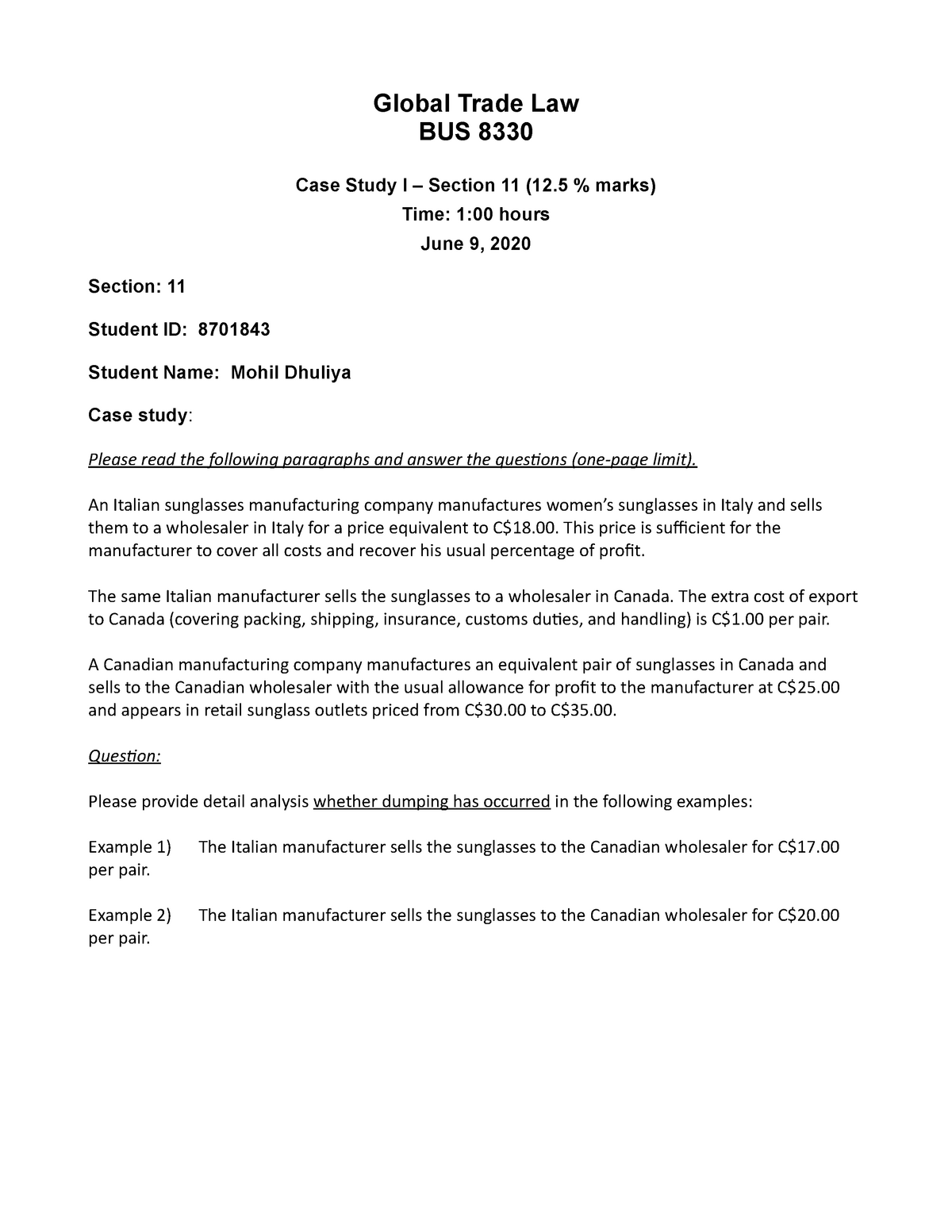 S2020-BUSS8330-Case Study-I Tuesday - Global Trade Law BUS 8330