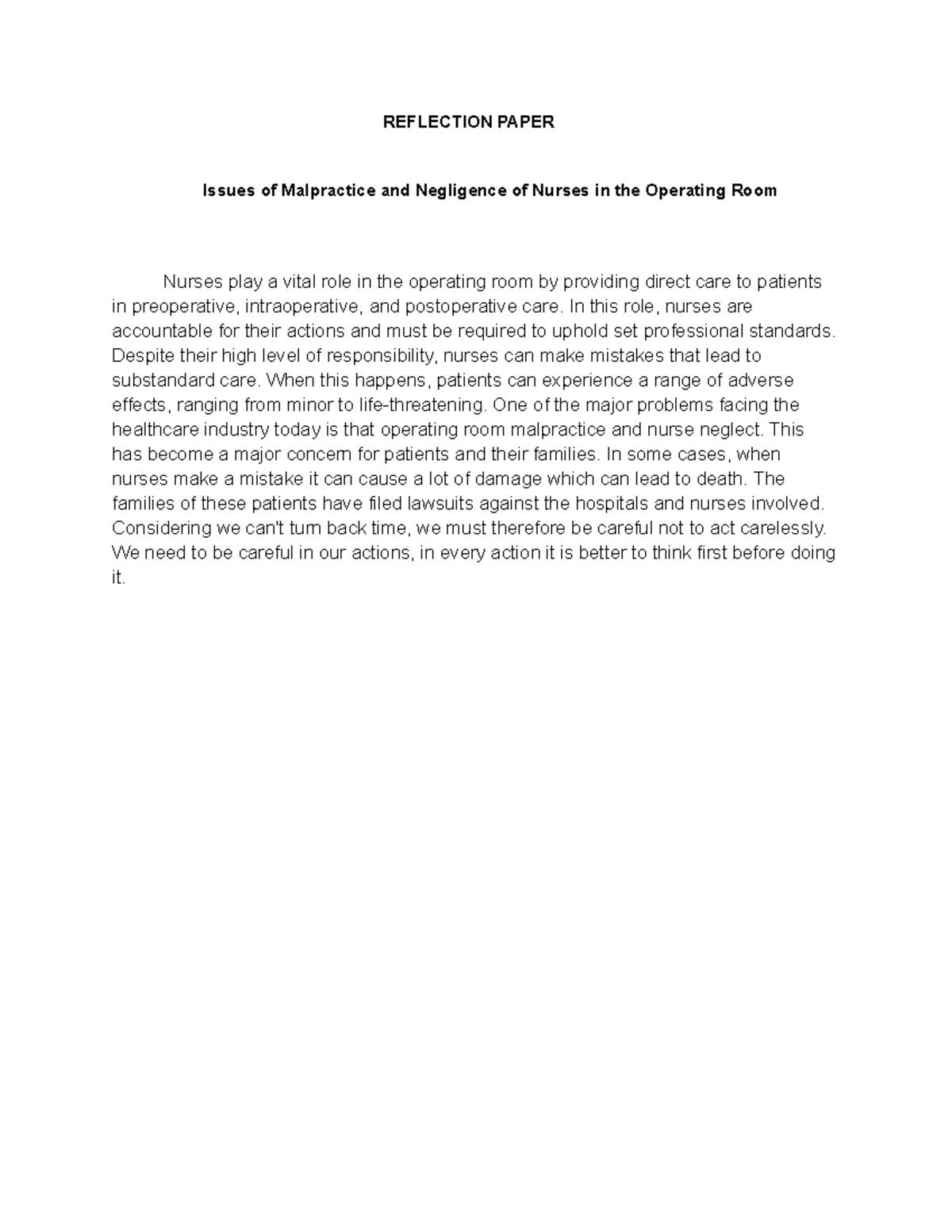 Reflection Paper IN OR - REFLECTION PAPER Issues of Malpractice and ...