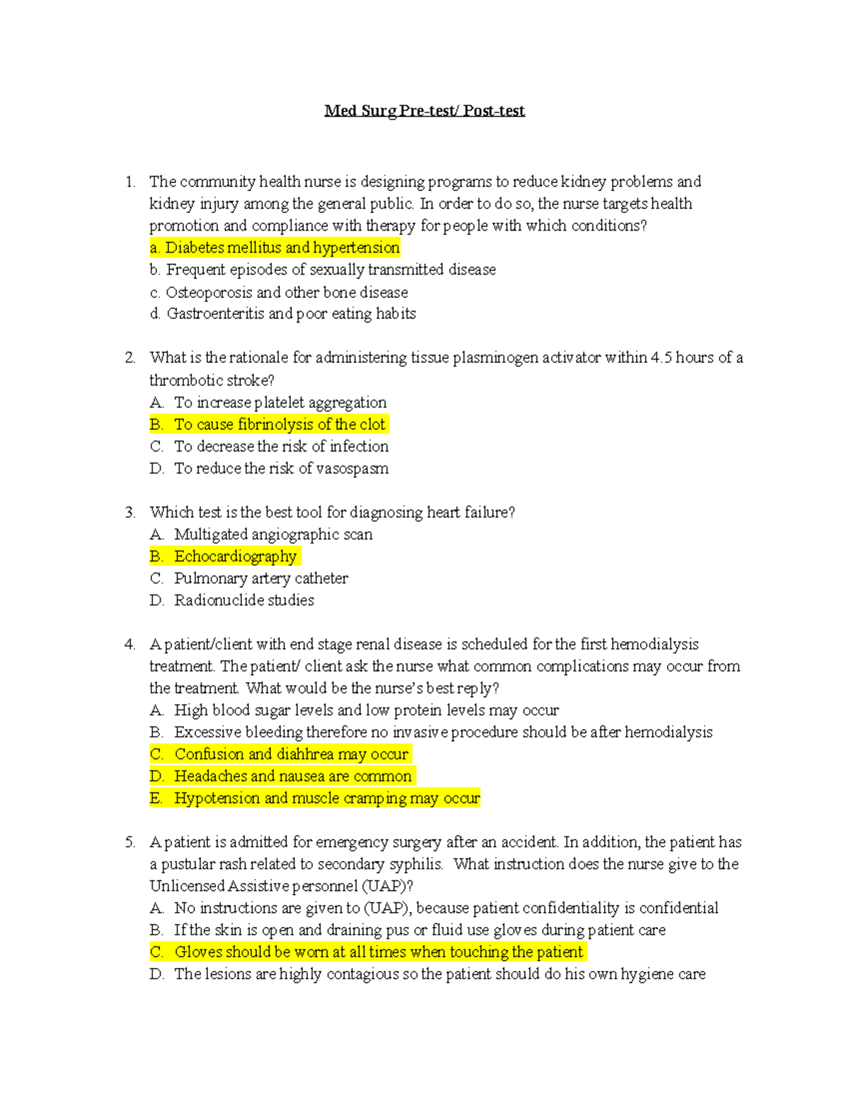 Med Surg Post-Test - Pre/Post test - Med Surg Pre-test/ Post-test The ...