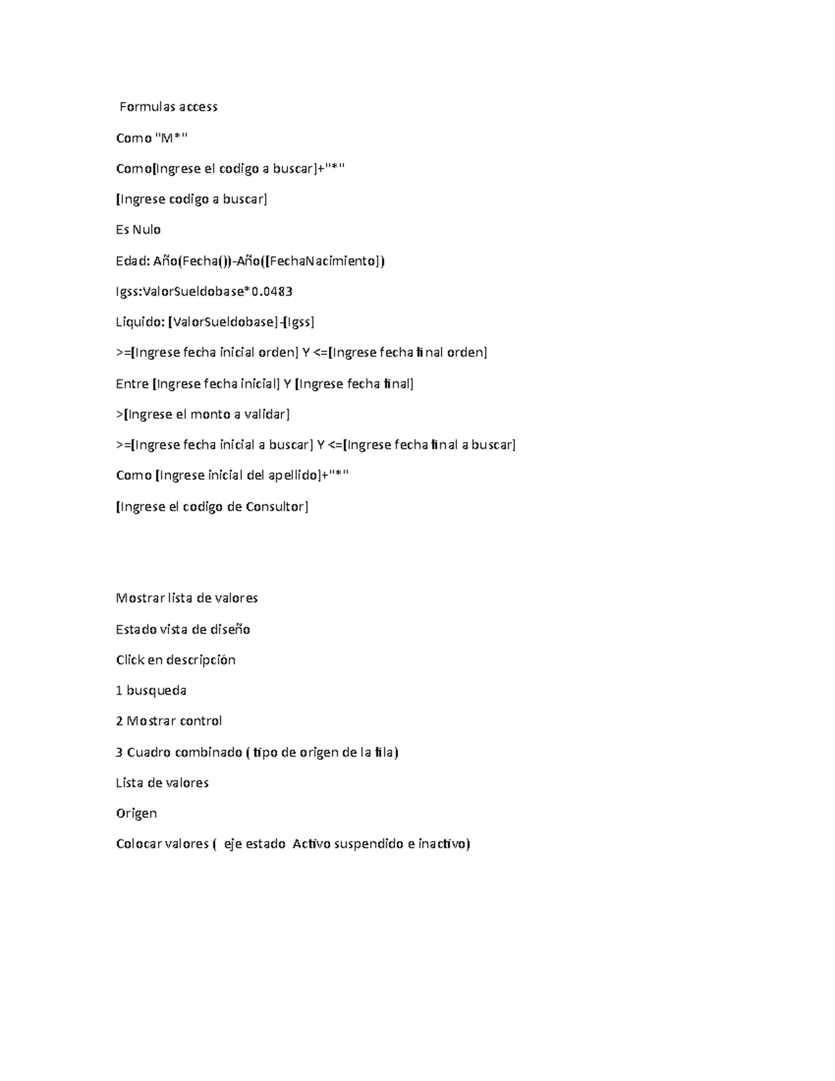 Formulas access - Guia para tareas - Formulas access Como "M*" Como ...