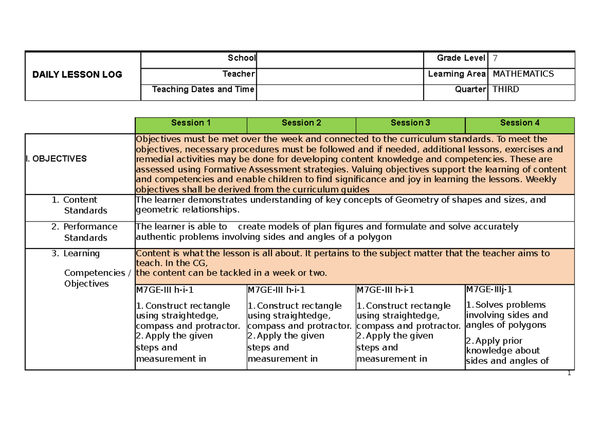 Week-8 - Week 8 Math Dll - 1 DAILY LESSON LOG School Grade Level 7 ...