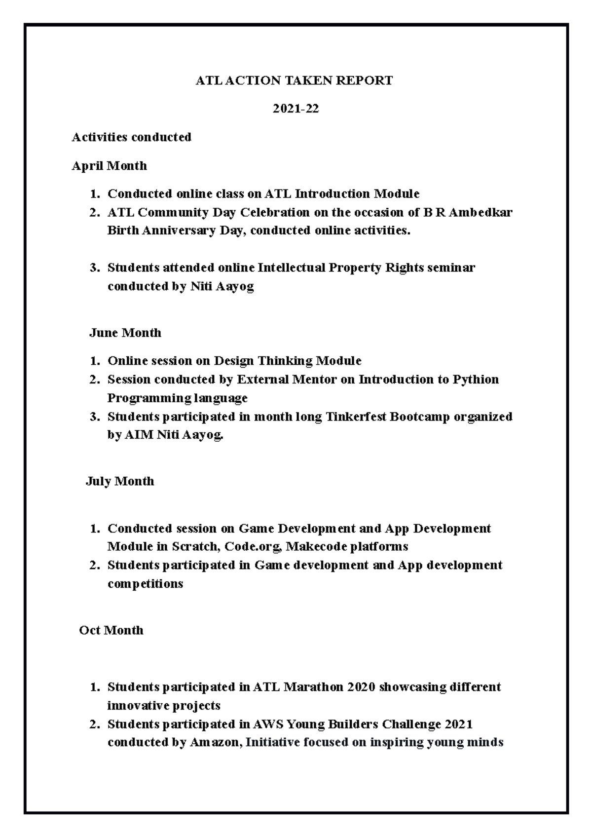 ATL Action Taken Report FY2021 22 ATL ACTION TAKEN REPORT 2021