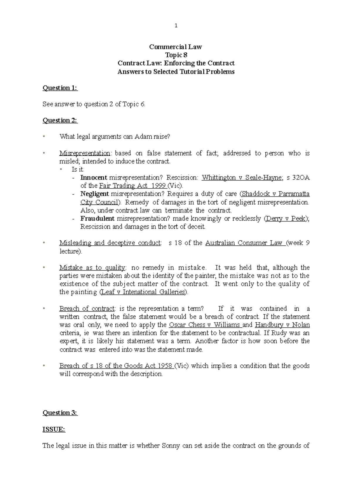 Tutorial Solutions Topic 8 Enforcing the Contract-2 - 1 Commercial Law ...