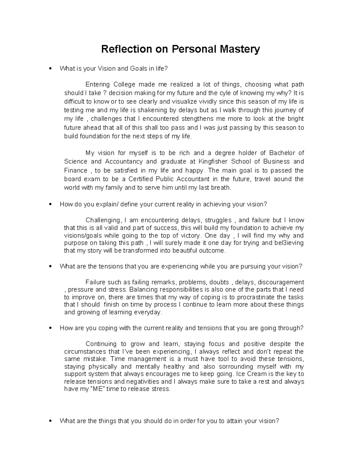 Z - Summary Accountancy - Reflection on Personal Mastery What is your ...