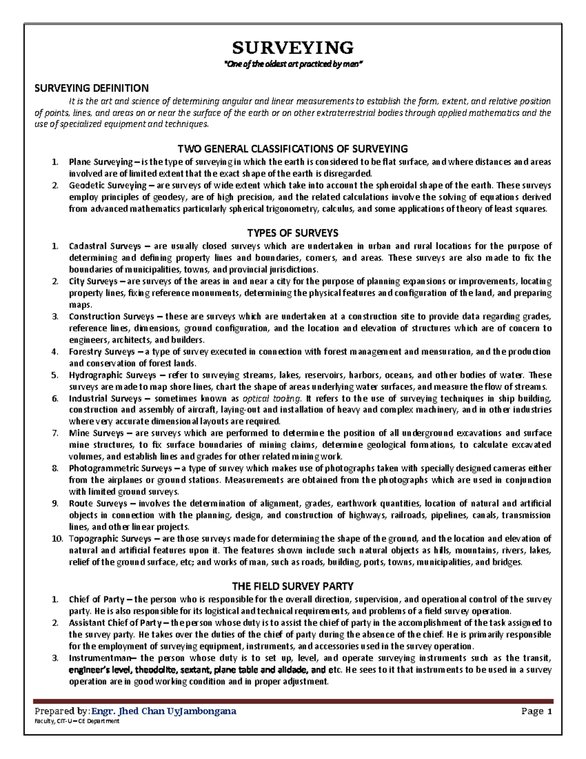Notes 1 - This introduces the basics of surveying - Prepared by:Engr ...