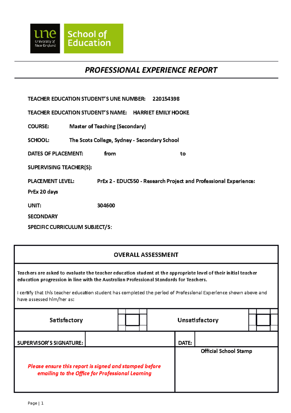 1-2017 - Professional Experience Report Pr Ex 1, 2, 3 or 4 - Secondary ...