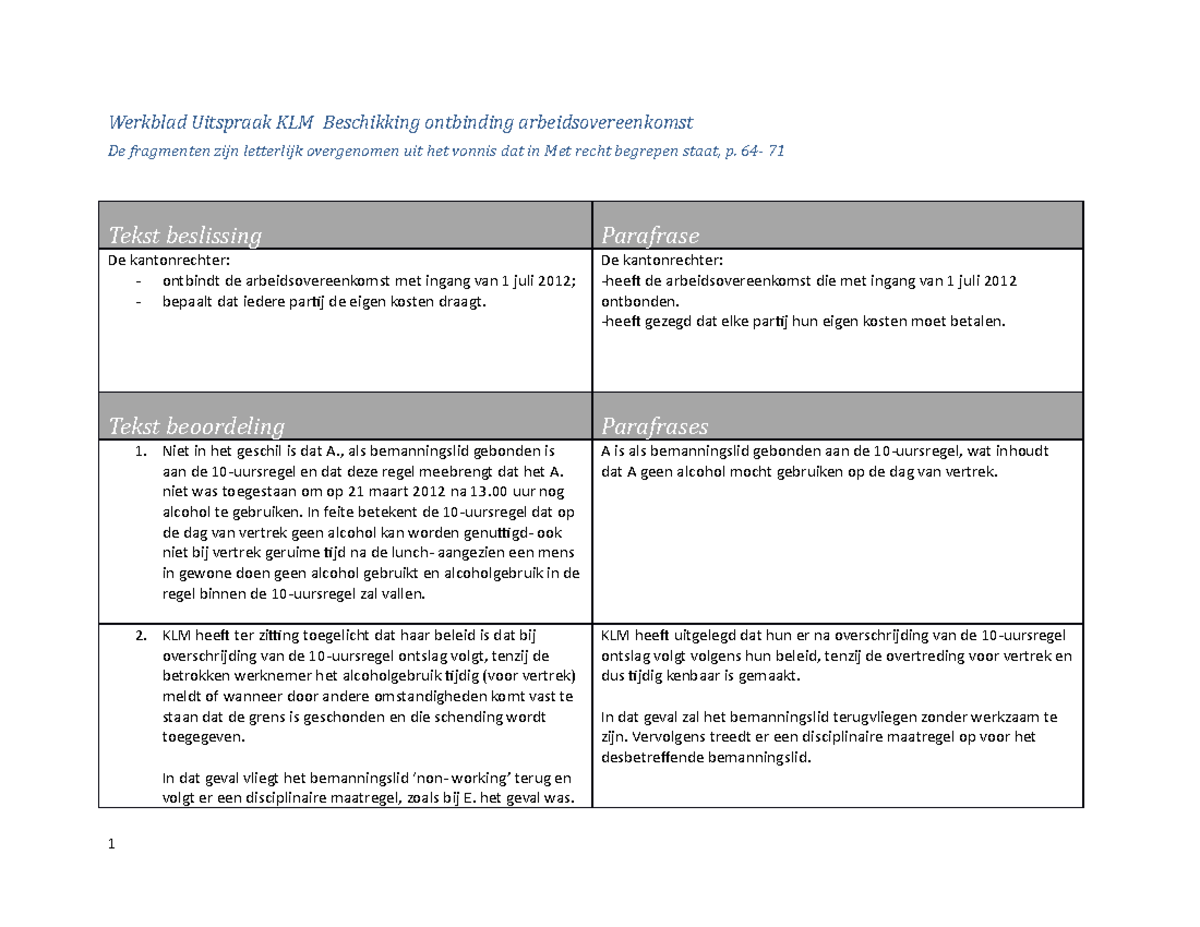 4 Werkblad Uitspraak KLM R-3 Juridische Tekstanalyse - Inholland ...