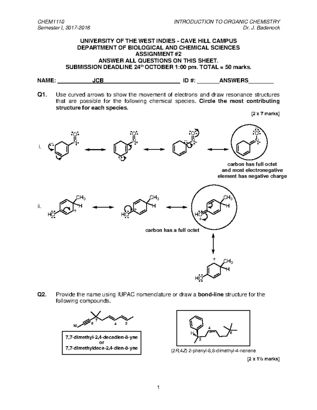 CHEM1110 Assignment #2-2017-2018 Answers - Semester I, 2017-2018 Dr. J ...