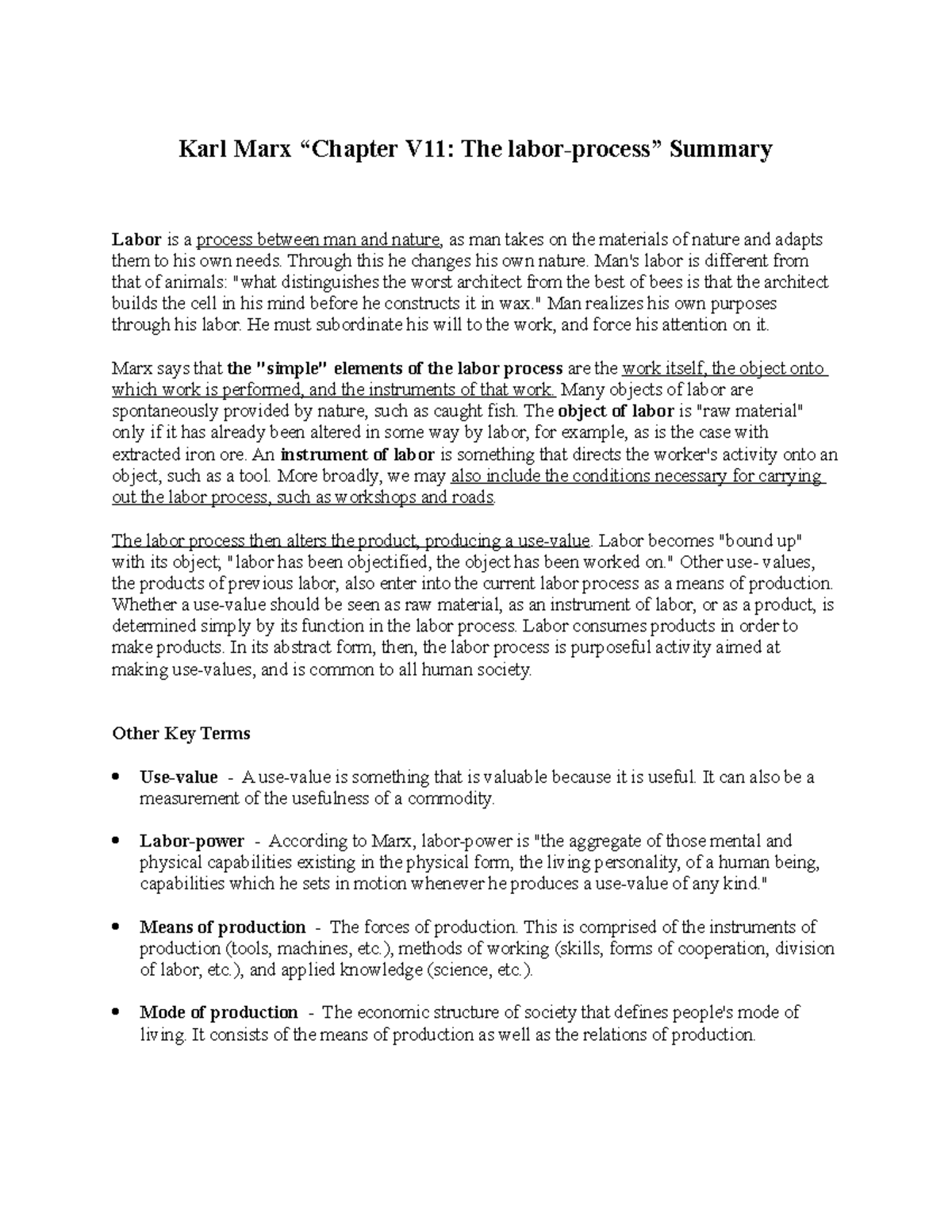 Karl Marx Summary - phil - Karl Marx “Chapter V11: The labor-process ...