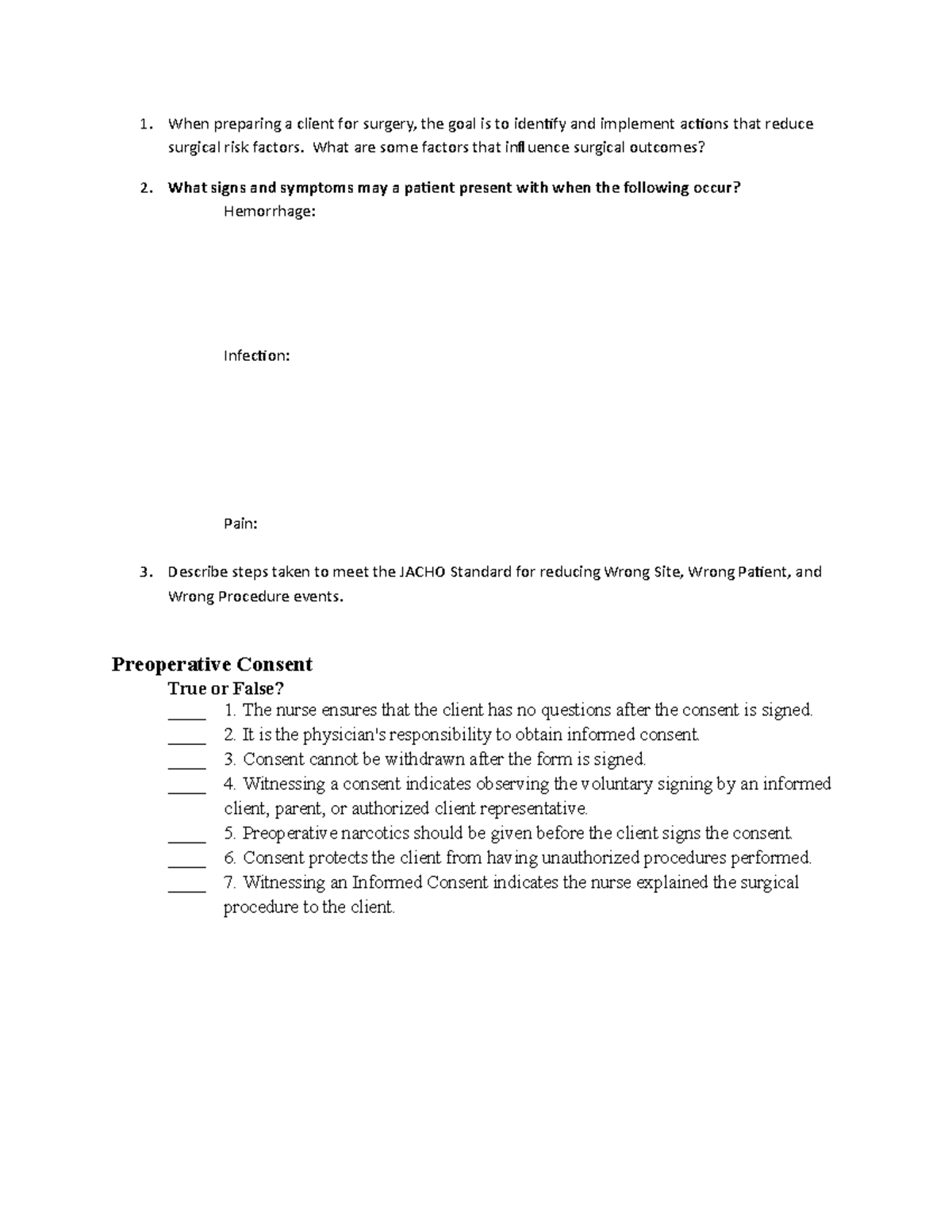 class perioperative worksheet - When preparing a client for surgery ...