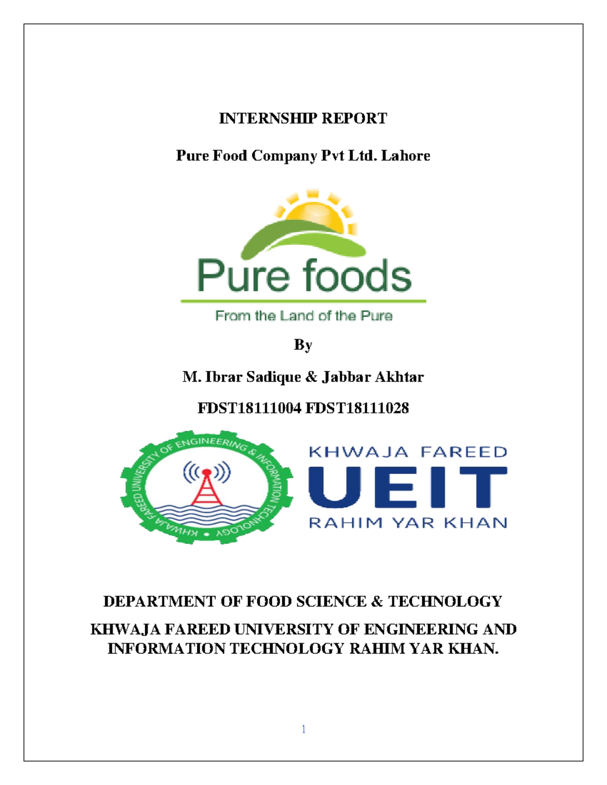 Internship Report Pure Foods Company INTERNSHIP REPORT Pure Food