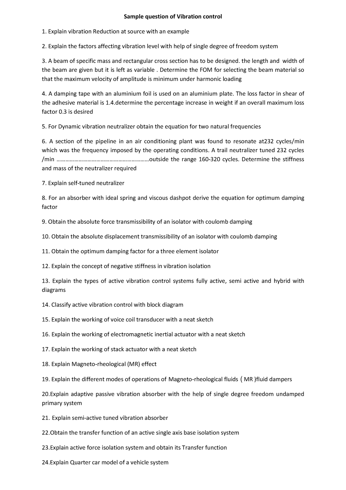 Vibration Sample Questions - Sample question of Vibration control ...