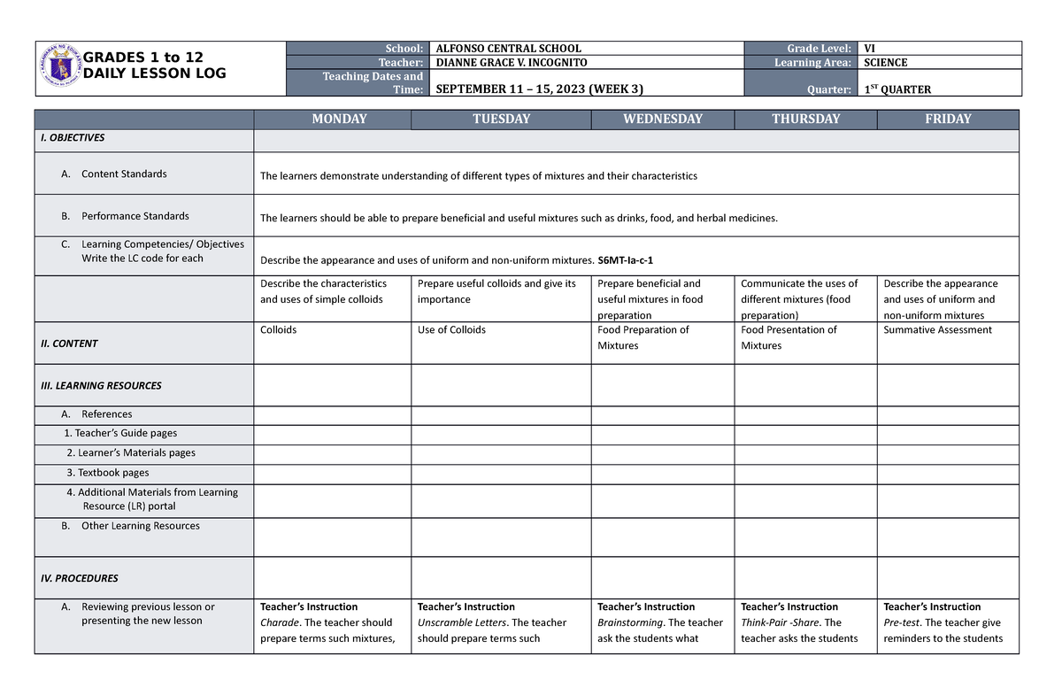 DLL Science 6 Q1 W3 - daily lesson log - GRADES 1 to 12 DAILY LESSON ...