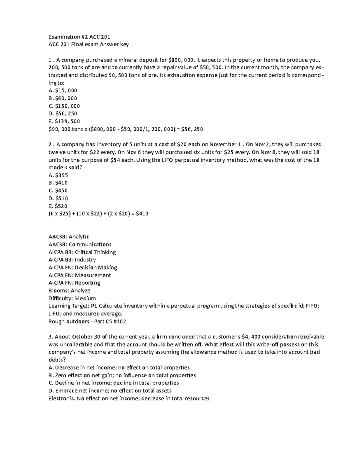 ACC 201 Exam 2 Answer Key1 - Examination #2 ACC 201 ACC 201 Final Exam ...