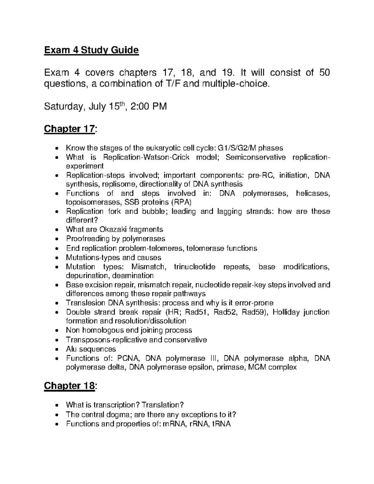 Exam 4 Study Guide - PCB3023 - USF - Studocu