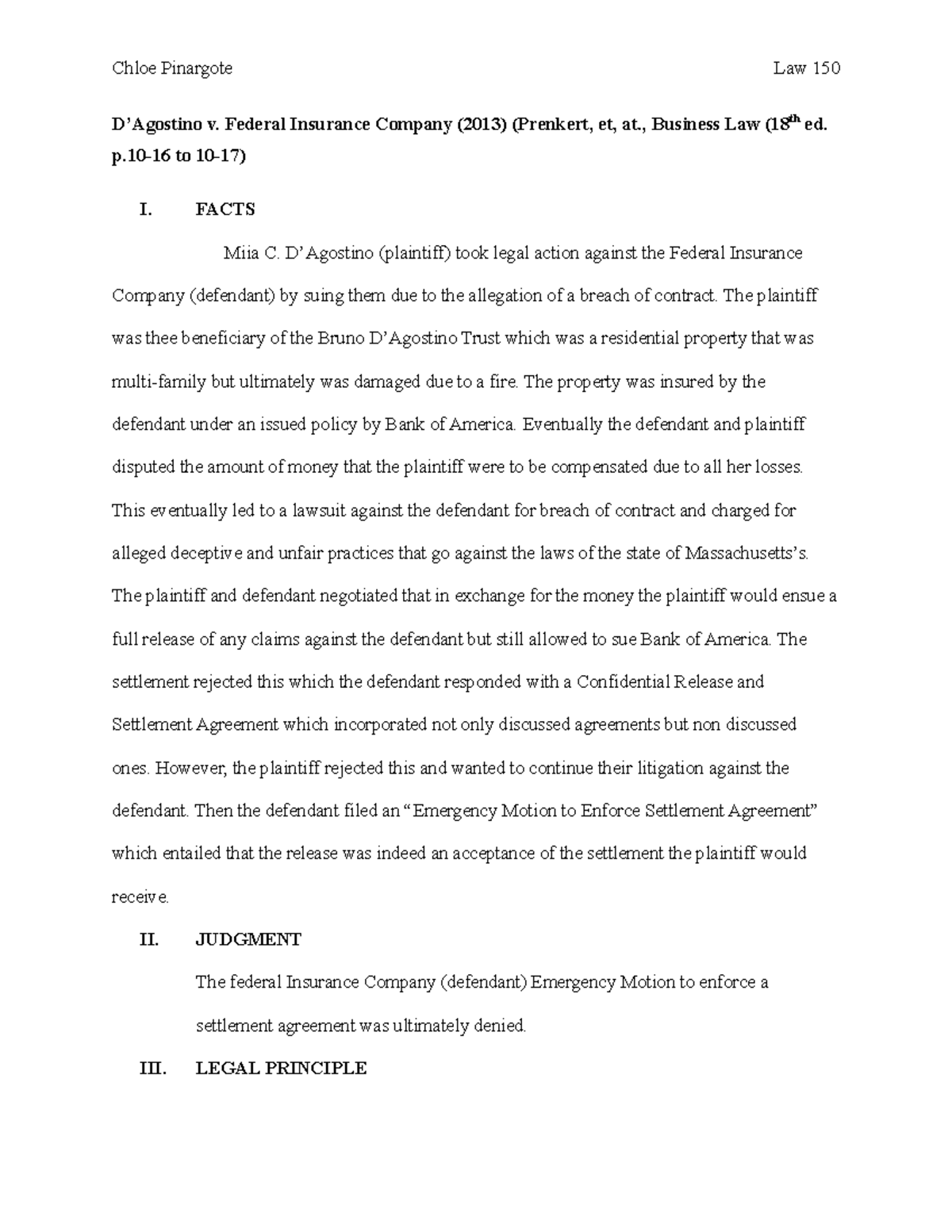 Case brief for d agostino v federal insurance company 2013 case