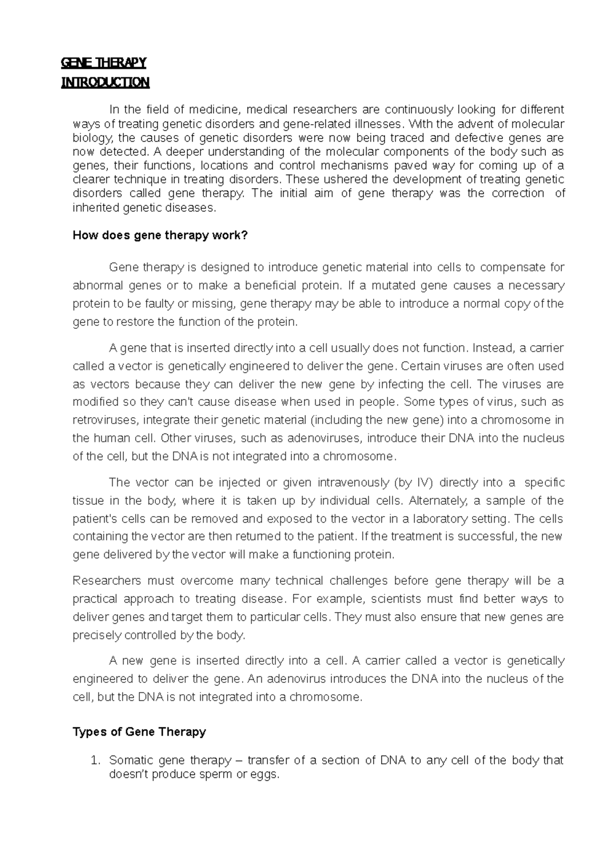GENE- Therapy - GENE THERAPY INTRODUCTION In the field of medicine ...