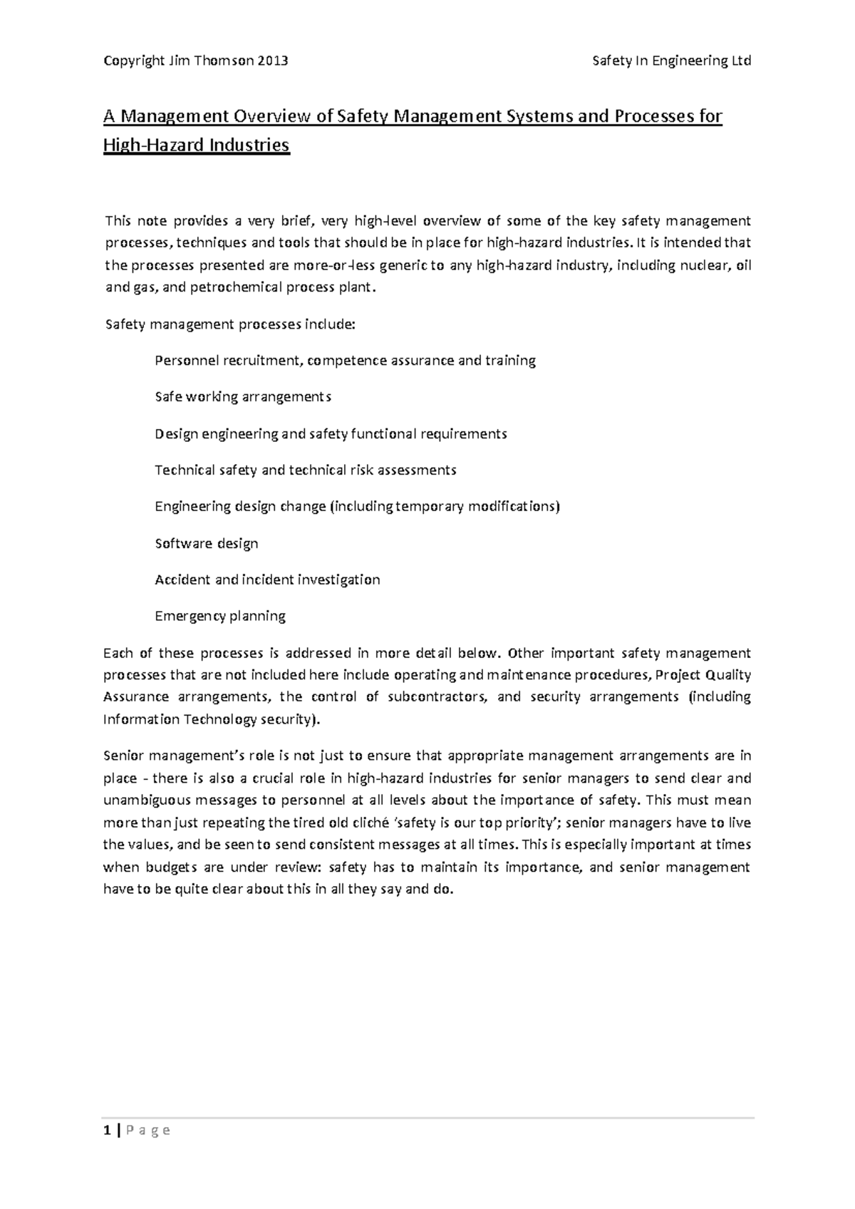 Safety Management Processes - A Management Overview of Safety ...