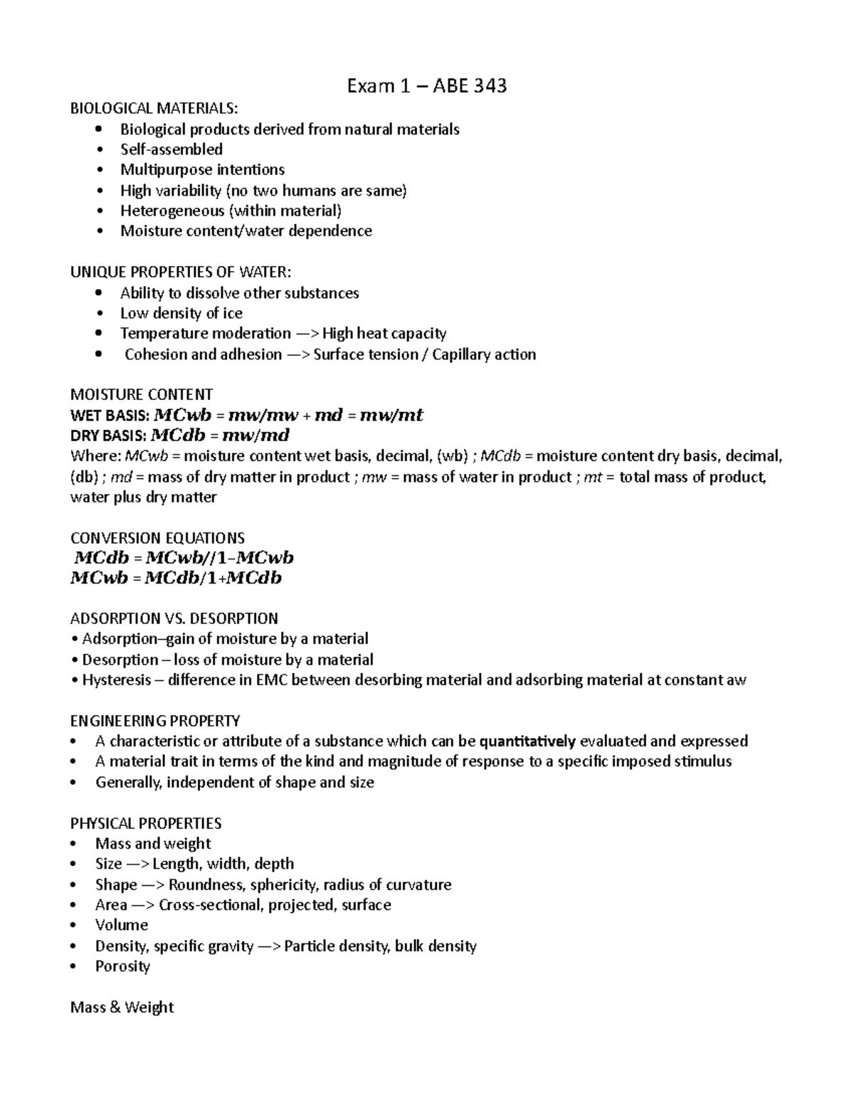 Exam 1 Sheet - ABE 343 - Lecture notes 1-6 - Exam 1 ABE 343 BIOLOGICAL ...