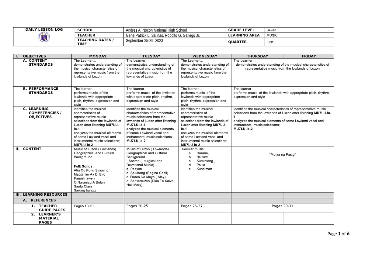 Music 7 Week2 Q1 - 2016 - DAILY LESSON LOG SCHOOL Andres A. Nocon ...