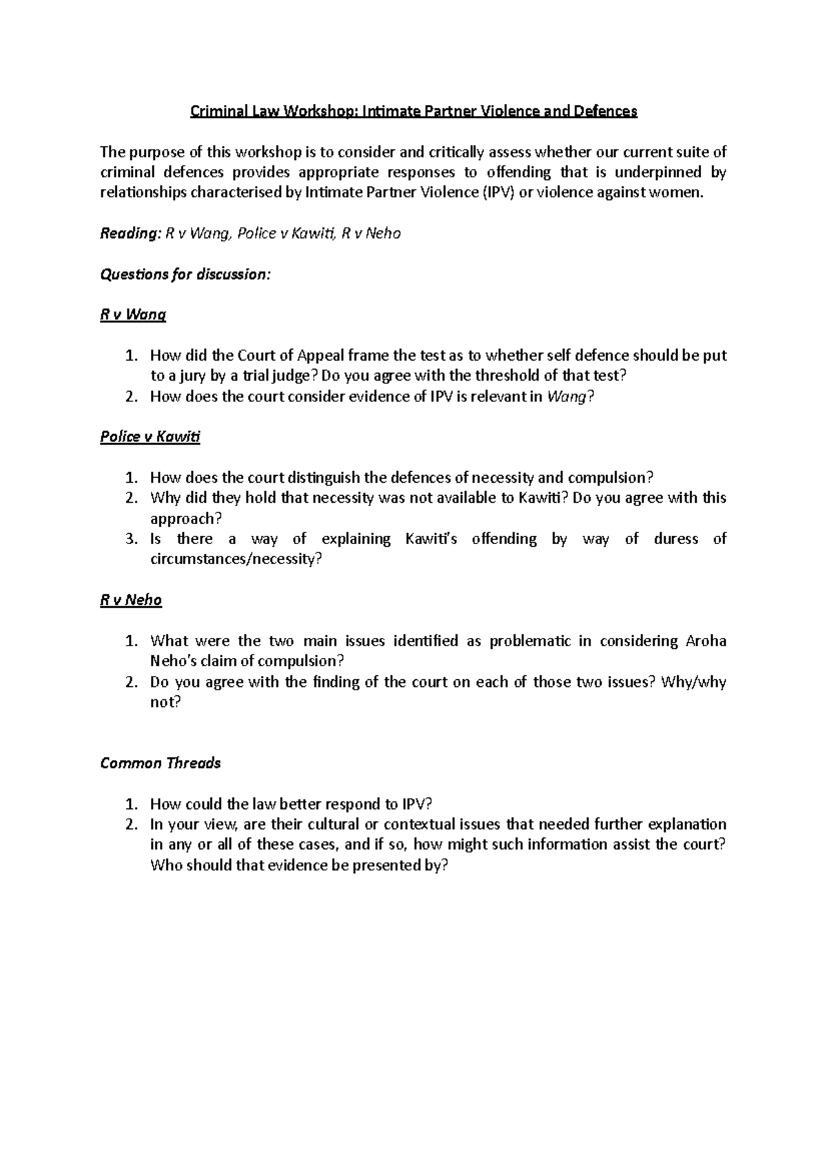 Semester 2 Workshop 1 Intimate Partner Violence and Defences - Criminal ...