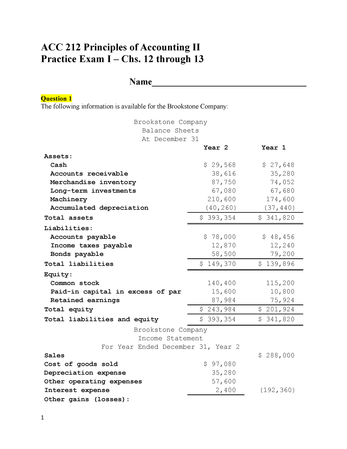 ACC 212 - Test For The Practice - ACC 212 Principles Of Accounting II ...