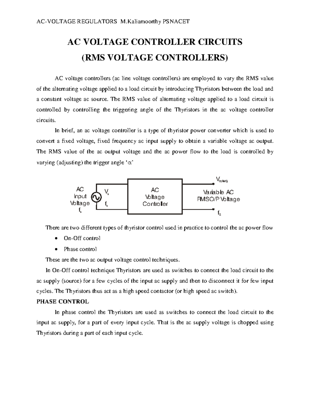 AC Voltage Controller Circuits AC VOLTAGE CONTROLLER CIRCUITS (RMS