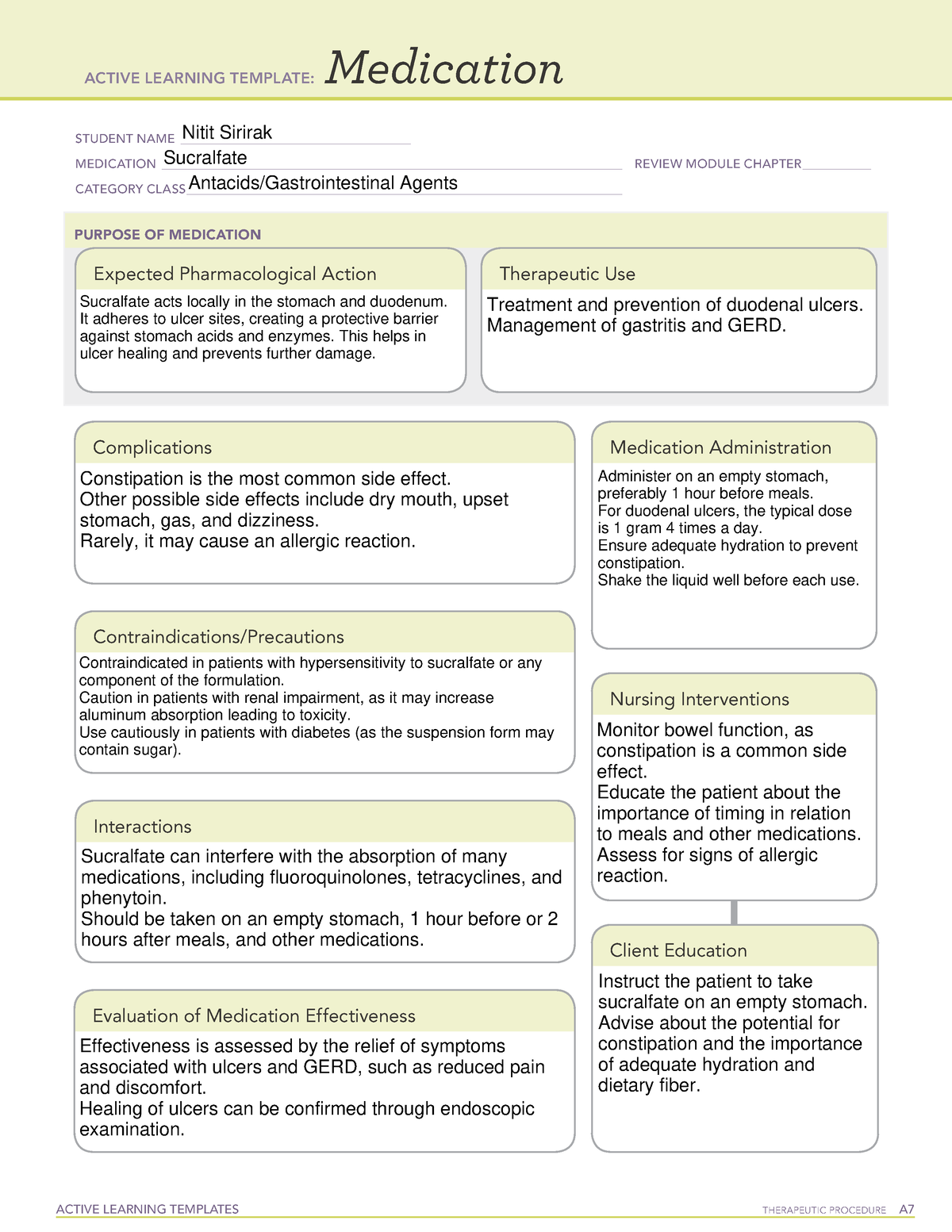 Sucralfate ATI MED TEMPLATE ACTIVE LEARNING TEMPLATES TherapeuTic