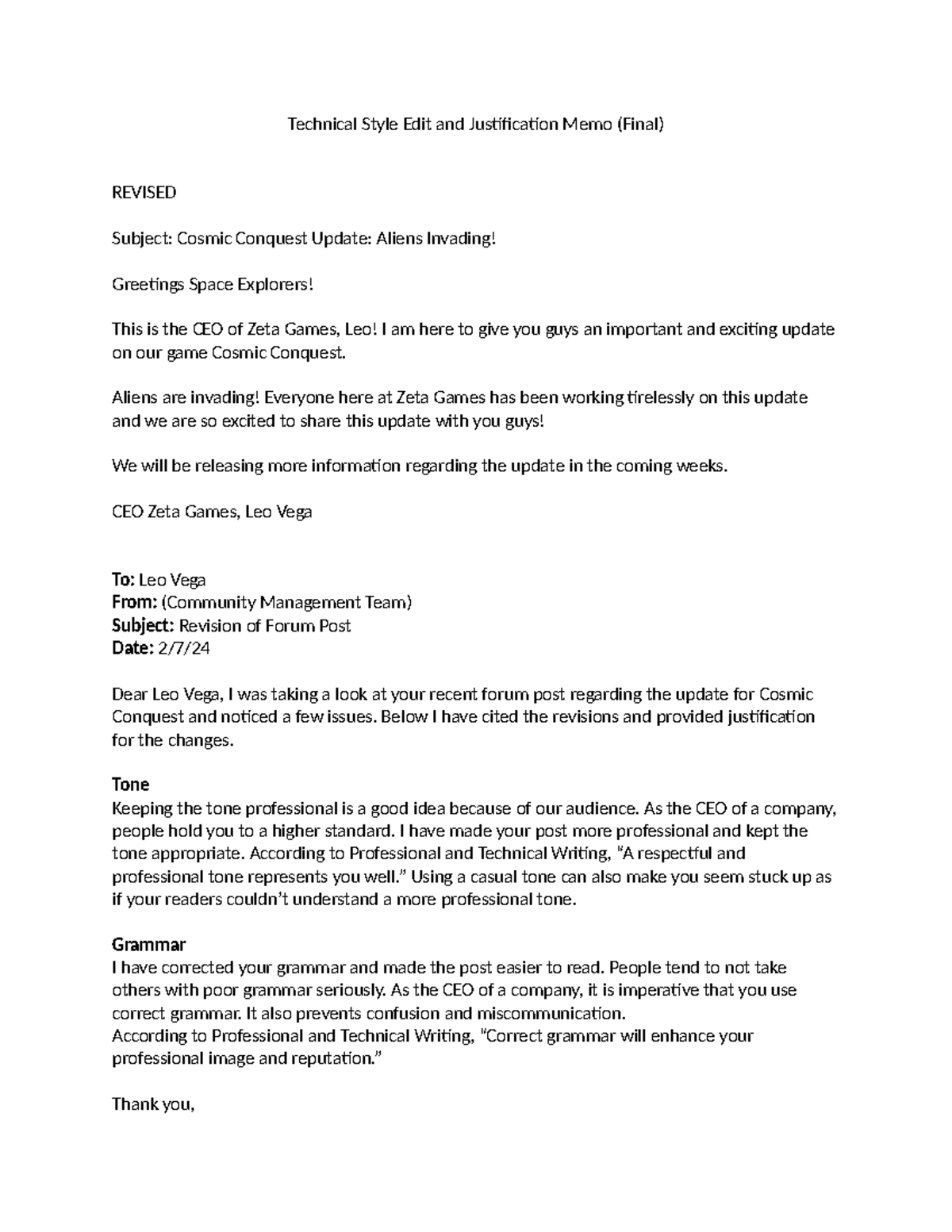 Technical Style Edit and Justification Memo - Aliens are invading ...