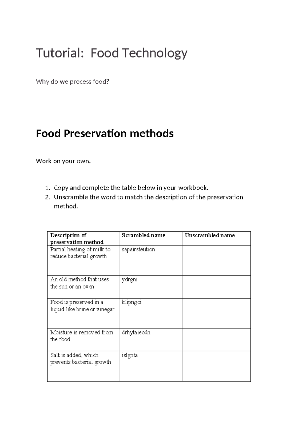 Tut 1 Food - These notes are based on the food technology and the food ...
