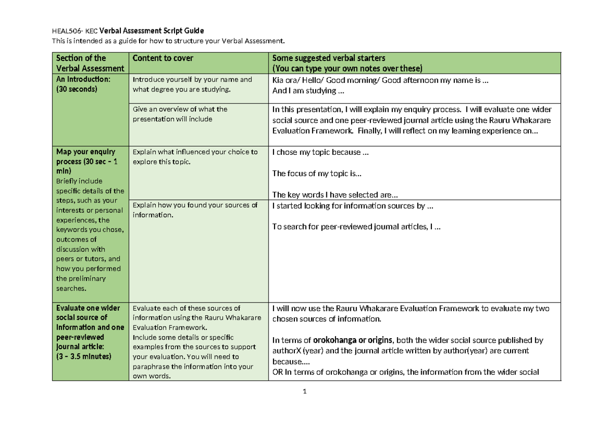 HEAL506 - KEC Verbal Assessment Script Guide S1 2024 - This is intended ...