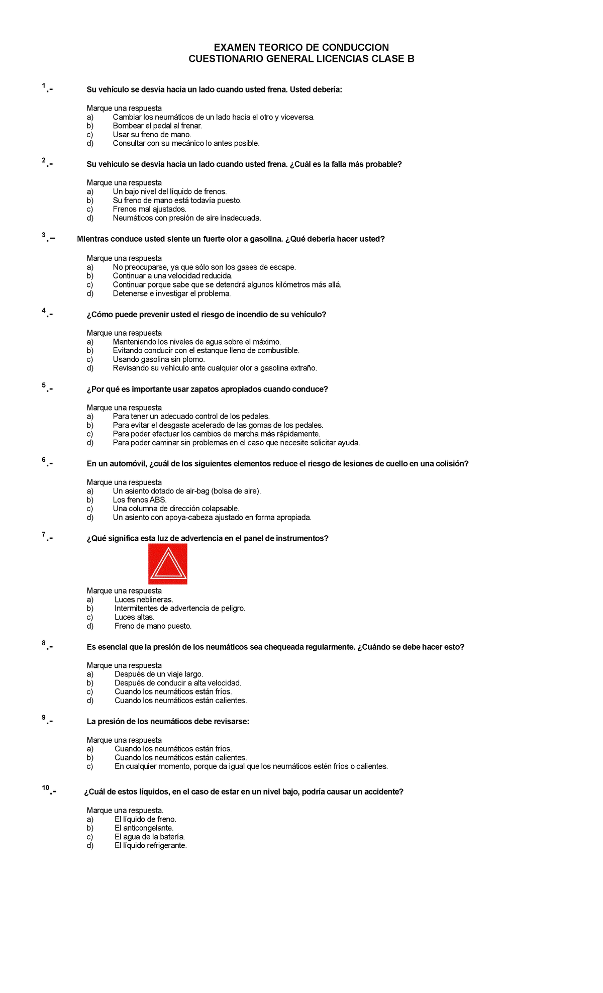 Cuestionario Clase B 2 - EXAMEN TEORICO DE CONDUCCION CUESTIONARIO ...