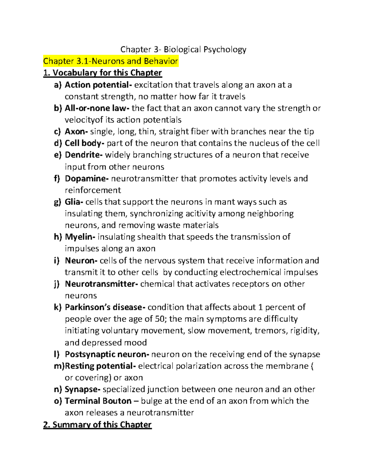 PSY 103 Chapter 3 Outline - Chapter Biological Psychology Chapter and ...