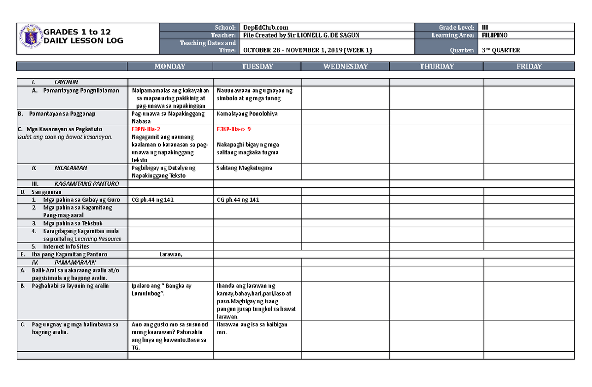 DLL Filipino 3 Q3 W1 - iiiii - GRADES 1 to 12 DAILY LESSON LOG School ...