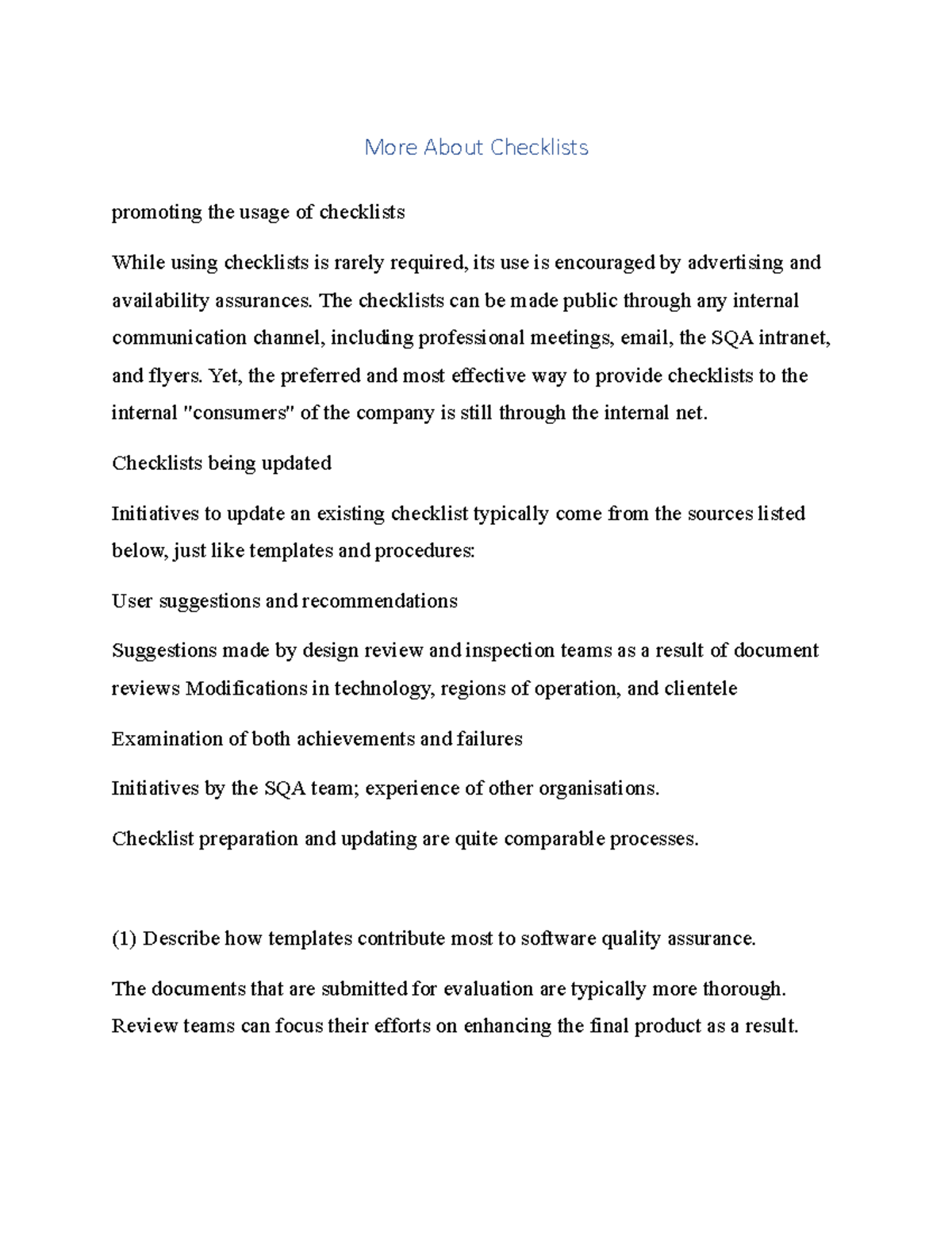 More About Checklists in SQA More About Checklists promoting the