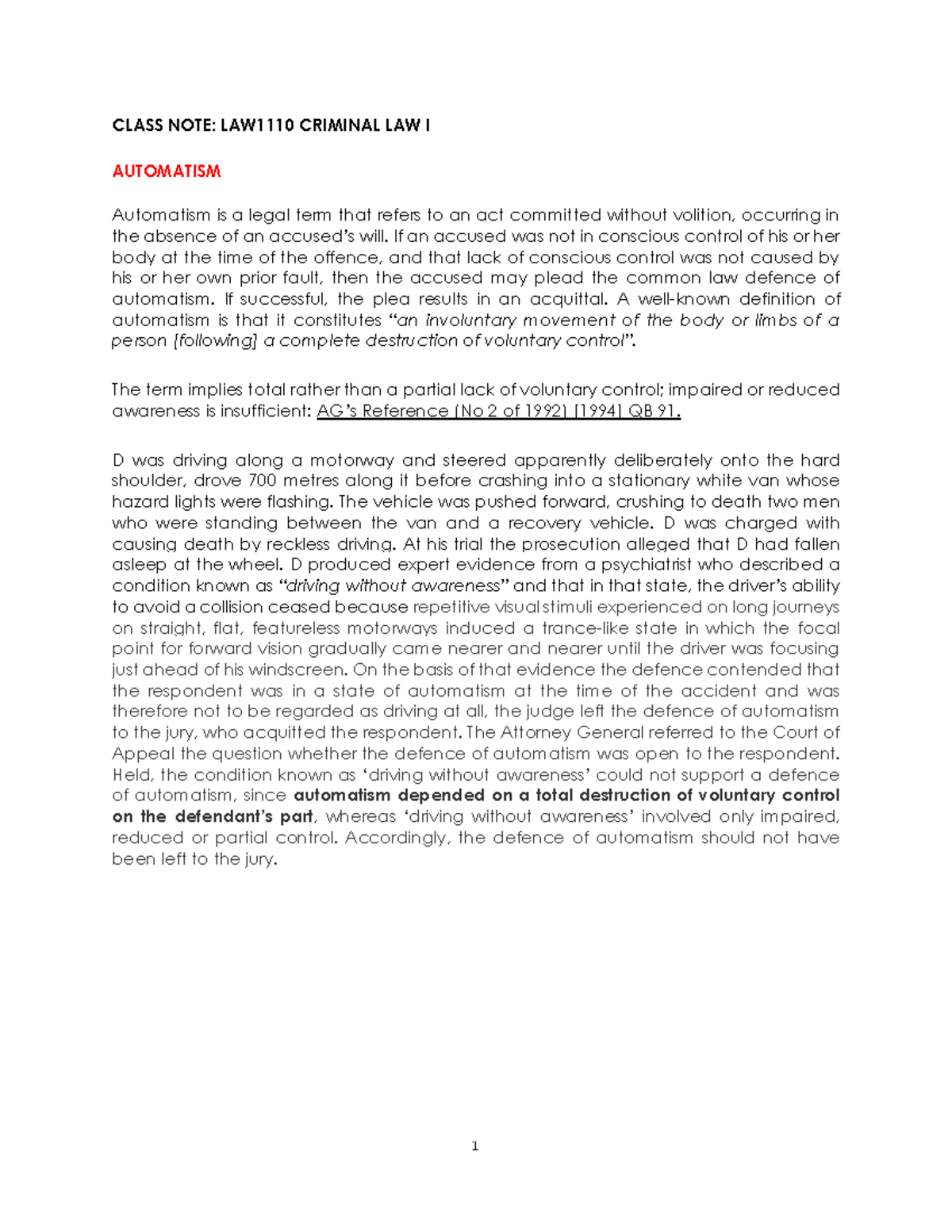 Notes and Cases on Automatism in Criminology CLASS NOTE LAW1110
