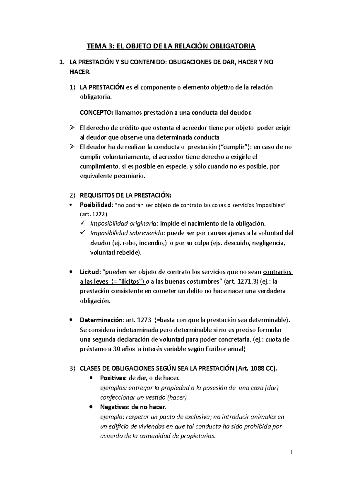 Tema 3 Derecho de las Obligaciones - TEMA 3: EL OBJETO DE LA RELACIÓN ...