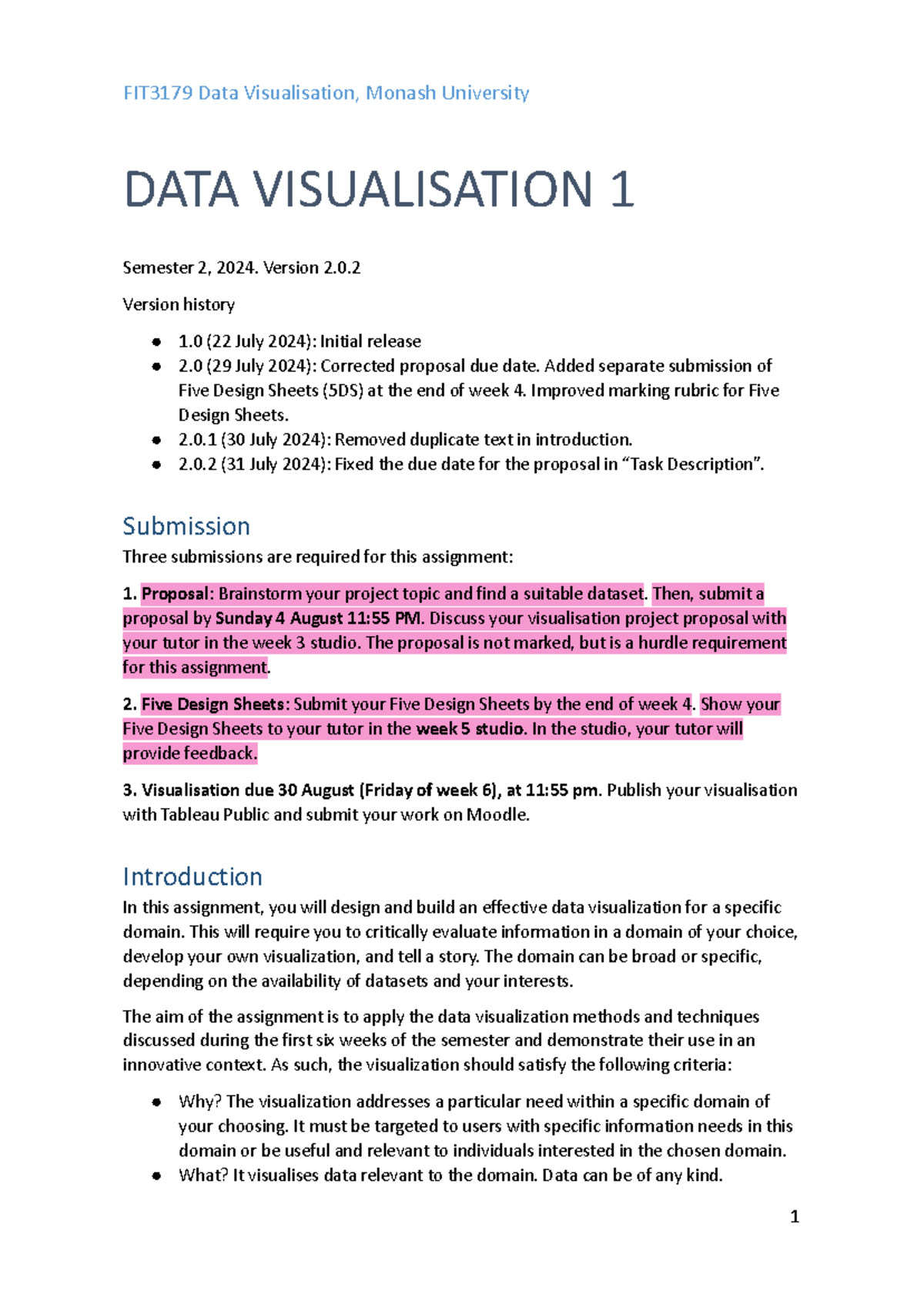 FIT3179 Data Visualisation 1 - Version 2. Version history 1 (22 July ...