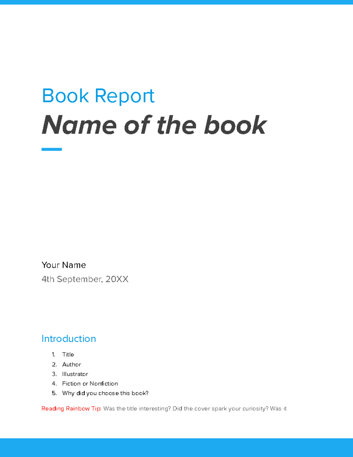 Book report - e1pqod - Book Report Name of the book Your Name 4th ...