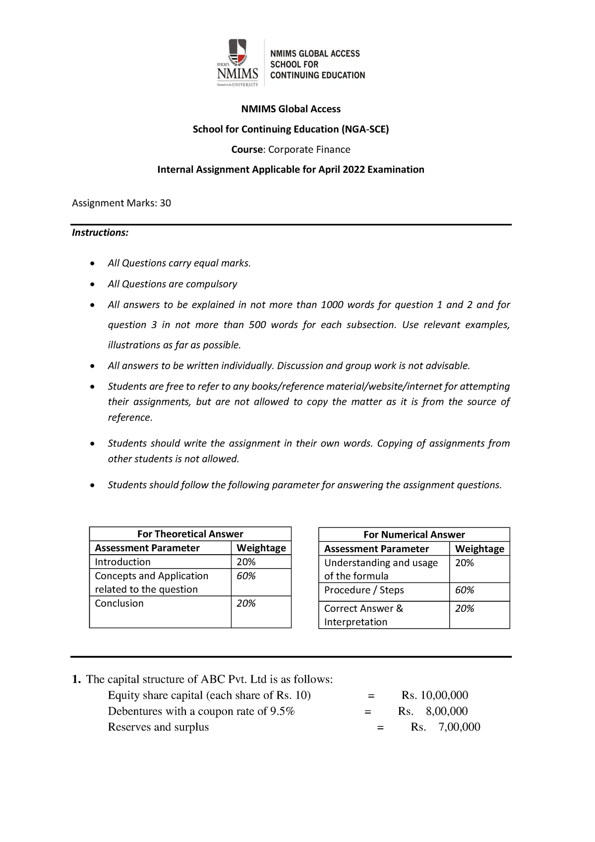 Corporate Finance Assignment April 2022 Tmossub Zjv Nmims Global Access School For 0626