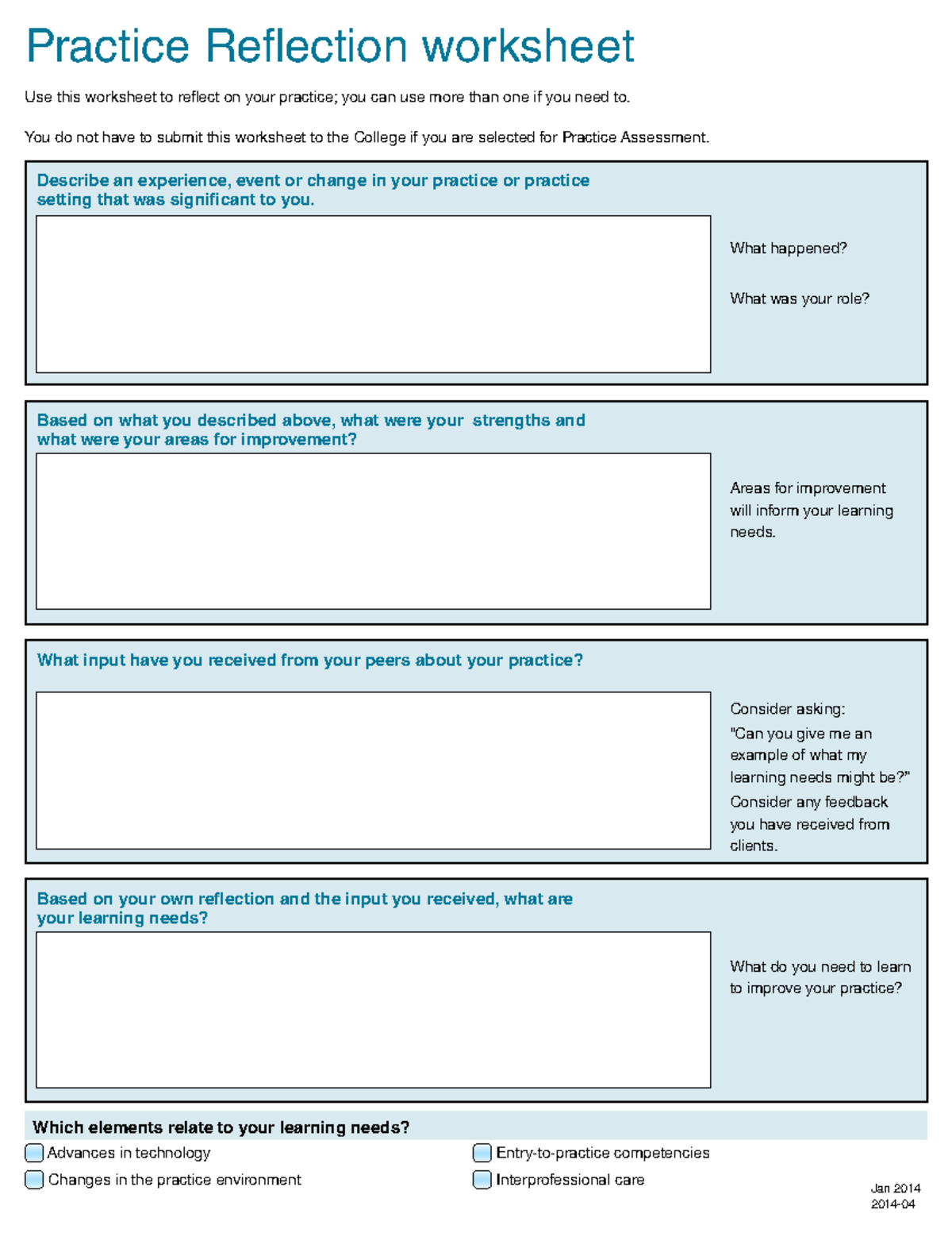 QA Practice Reflection worksheet - Describe an experience, event or ...